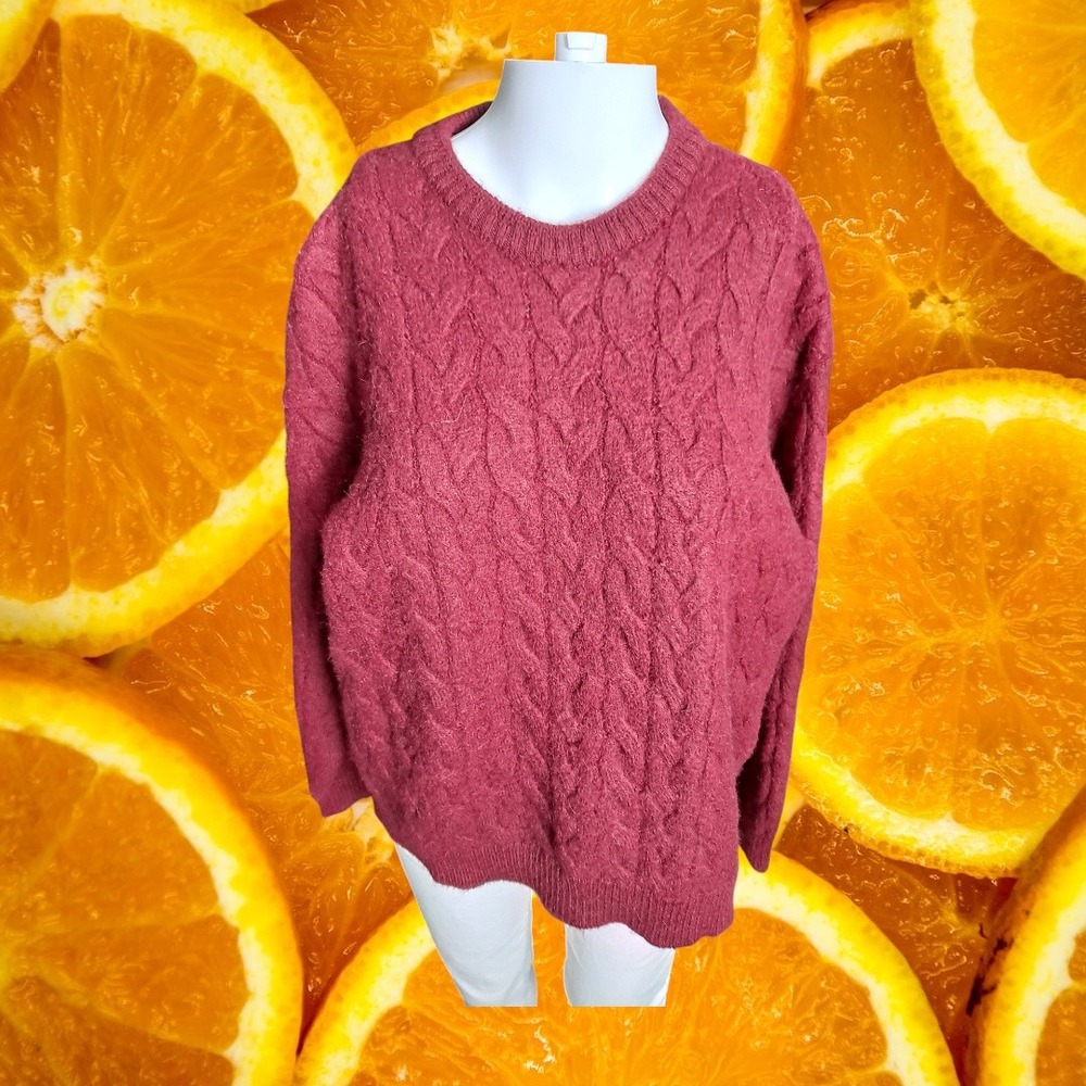 Tumi Alpaca Cable Knit Sweater Pullover Crew Neck Luxury Soft Maroon XL‎